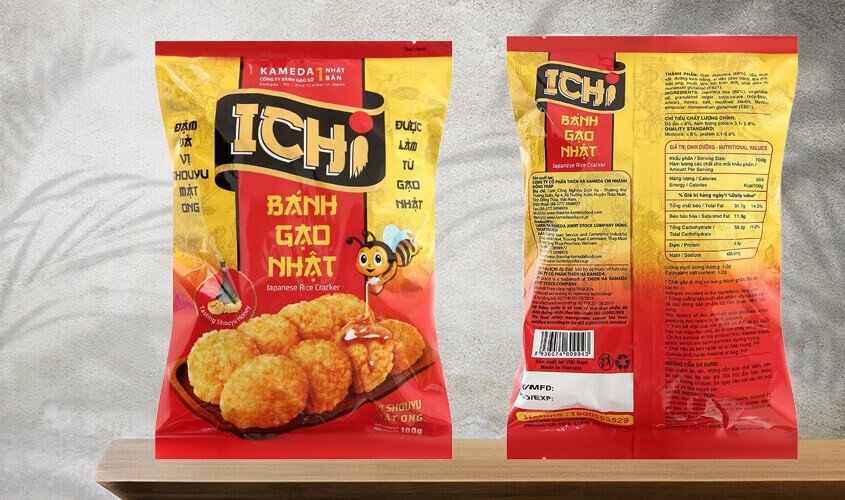 Gói bánh gạo Ichi vị shouyu mật ong 100g, minh họa hàm lượng calo trong bánh gạo Ichi