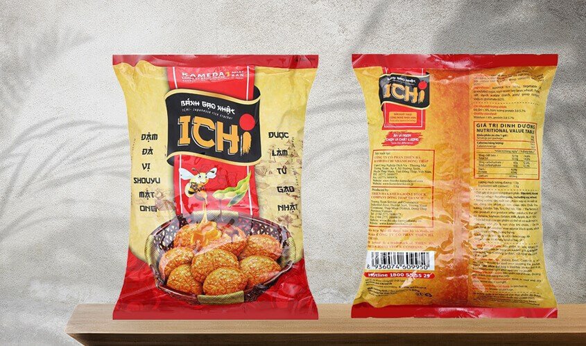 Gói bánh gạo Ichi vị shouyu mật ong 180g, cho thấy đa dạng sản phẩm và lượng calo bánh gạo khác nhau