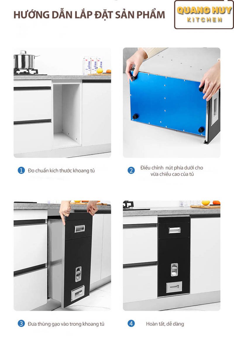 Hướng dẫn lắp đặt thùng gạo tủ bếp âm trong khoang