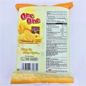 Mặt sau bao bì bánh gạo vị phô mai ngô, hiển thị thông tin sản phẩm và dinh dưỡng