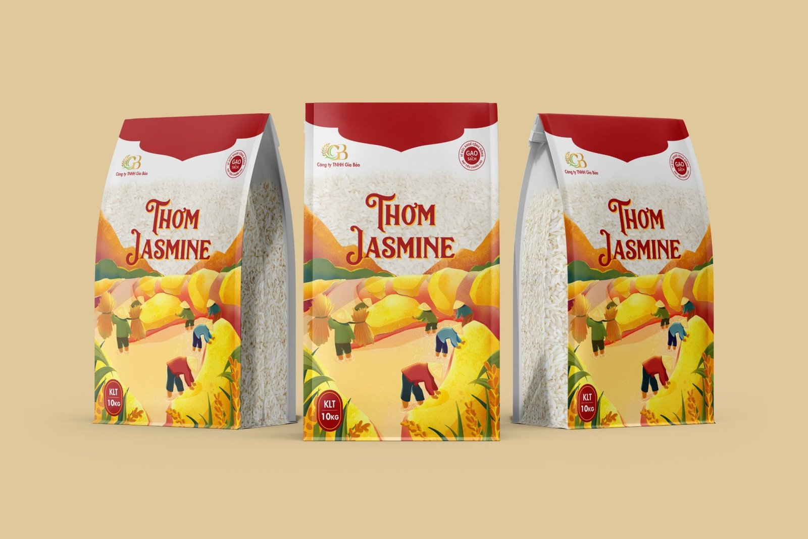 Mẫu bao bì gạo truyền thống với hình ảnh cánh đồng lúa và nông dân, mang đậm giá trị văn hóa