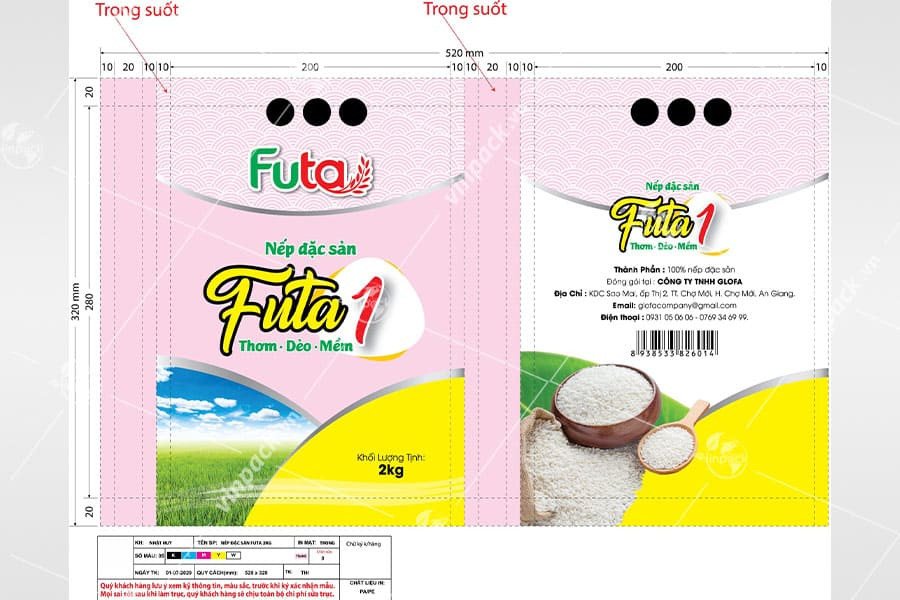 Mẫu thiết kế bao đựng gạo 10kg với thông tin sản phẩm đầy đủ