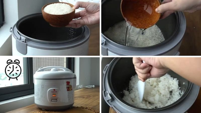 Nồi cơm đang nấu gạo thơm lài dẻo ngon