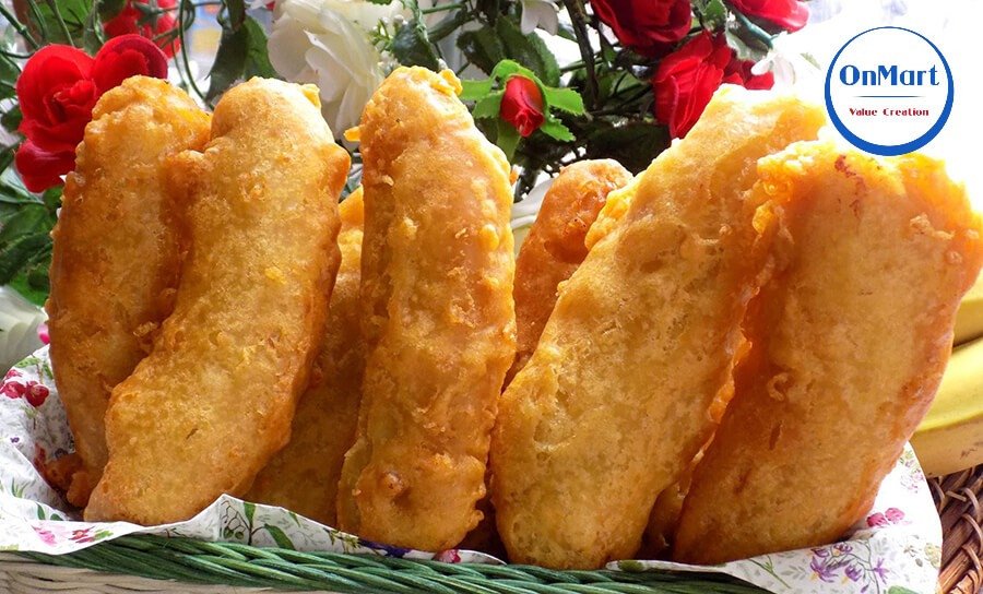 Thành phẩm bánh chuối chiên bột gạo vàng giòn