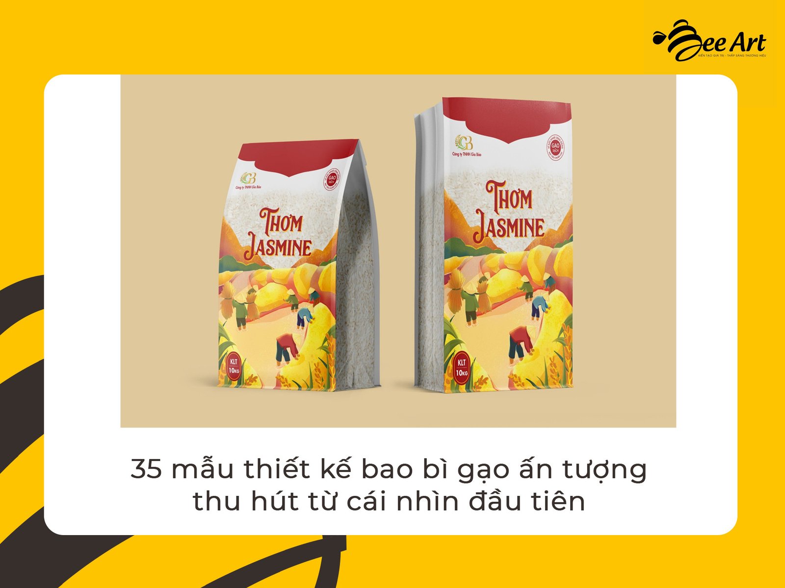 Thiết kế bao bì gạo đẹp mắt với hình ảnh bó lúa vàng ươm trên nền xanh