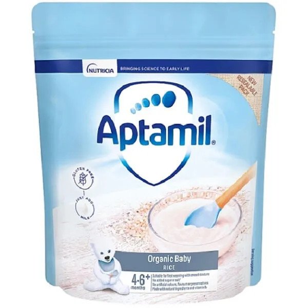 Bột ăn dặm Aptamil vị gạo sữa hộp màu xanh dành cho bé bắt đầu ăn dặm