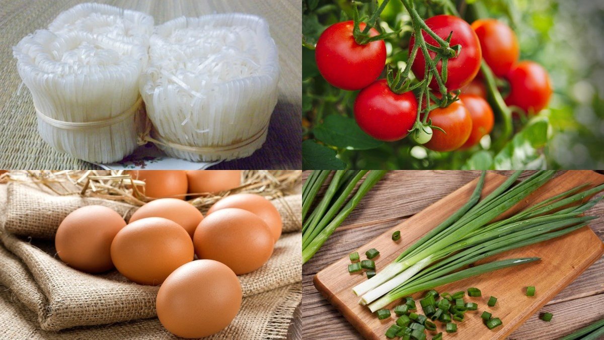 Các nguyên liệu nấu mì gạo cà chua trứng cần thiết cho cách nấu mì gạo đơn giản này