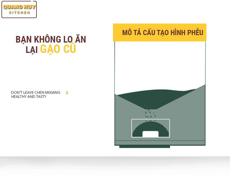 Cấu tạo hình phễu độc đáo của thùng gạo thông minh đảm bảo gạo luôn được luân chuyển