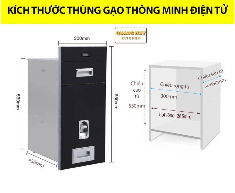 Chi tiết kích thước thùng gạo điện tử mặt gương