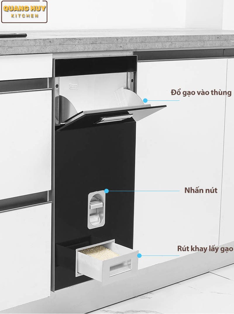 Cơ chế hoạt động lấy gạo tiện lợi của thùng gạo thông minh mặt gương