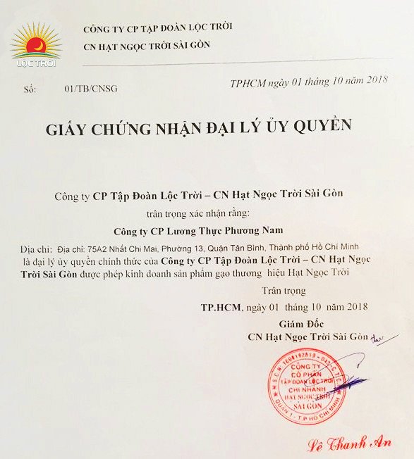 Giấy chứng nhận đại lý ủy quyền chính thức của thương hiệu gạo hạt ngọc trời, minh chứng cho chất lượng sản phẩm.