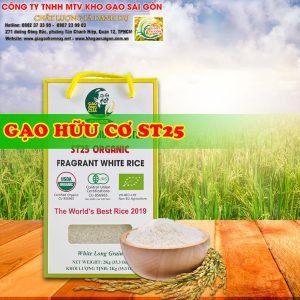 Hình ảnh bao gạo hữu cơ ST25 Ông Cua 10kg, thể hiện phân khúc gạo chất lượng cao