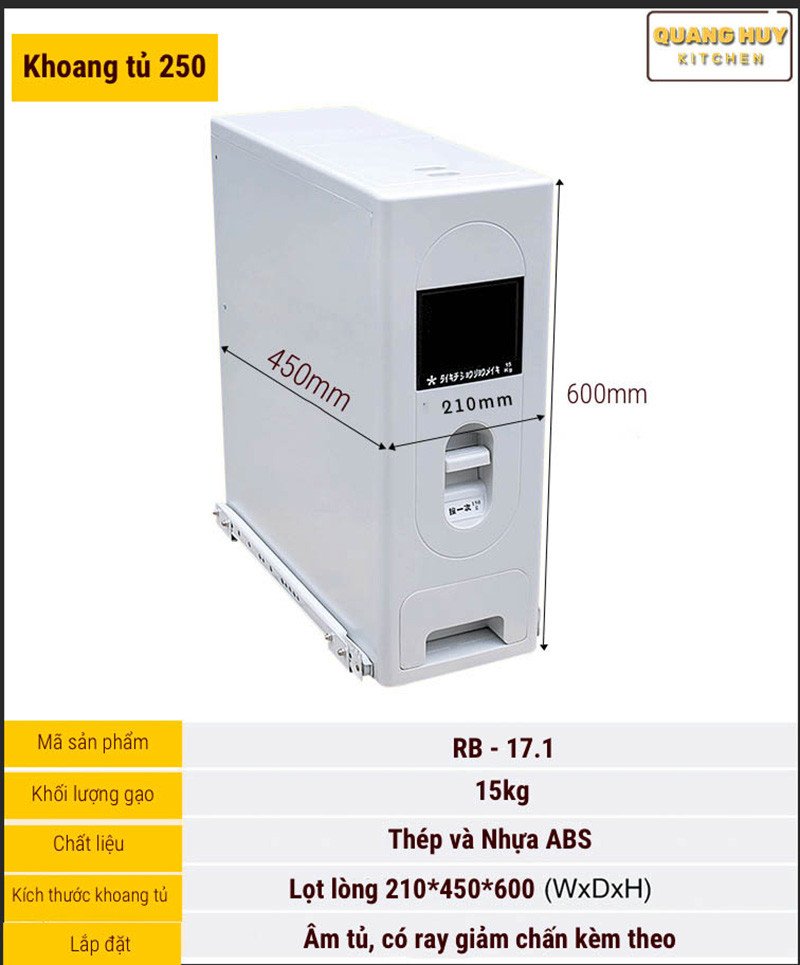 Hình ảnh chi tiết kích thước thùng gạo âm tủ RB-17.1