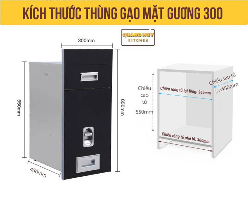 Kích thước chi tiết thùng gạo âm tủ mặt gương loại 300mm