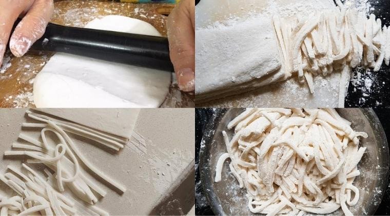 Nhồi bột mịn để làm sợi bánh canh bột gạo xắt tự làm