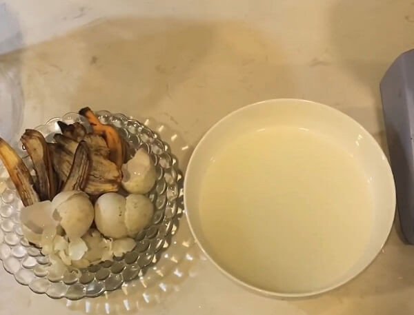 Pha chế hỗn hợp nước vo gạo ủ cùng vỏ chuối và vỏ trứng gà để bón cây