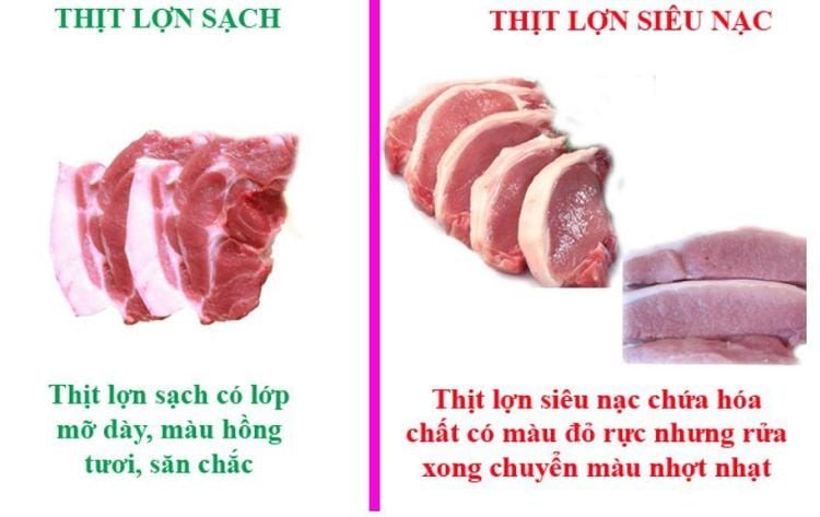 Phân biệt giữa miếng thịt lợn sạch màu hồng tươi và thịt lợn siêu nạc màu đỏ sẫm