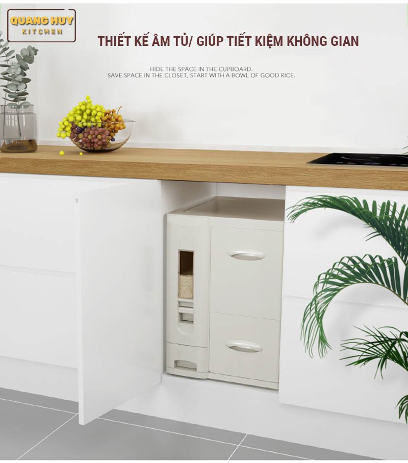 Thiết kế khoa học của thùng đựng gạo âm tủ 3 khoang