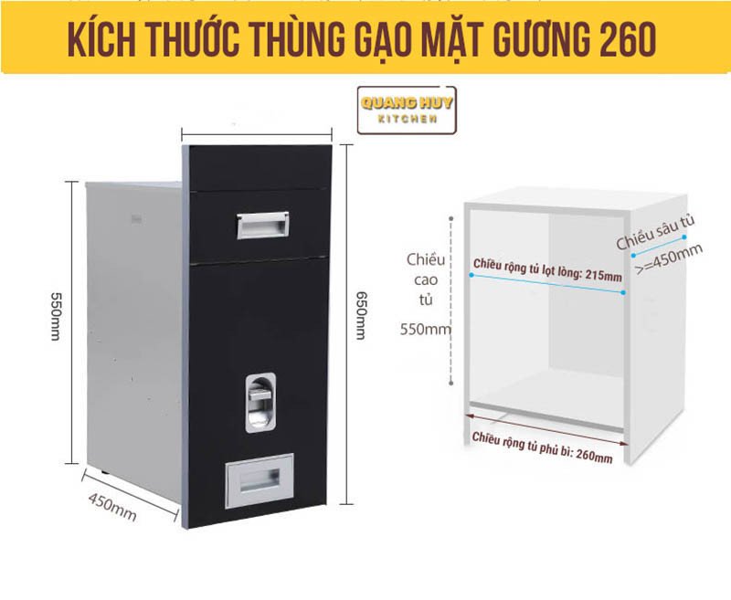 Thông số kỹ thuật thùng gạo âm tủ mặt gương 260mm
