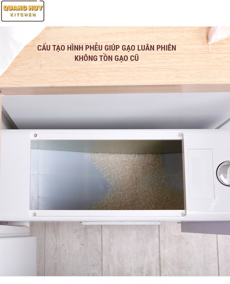 Thùng gạo âm tủ với cấu tạo phễu bên trong